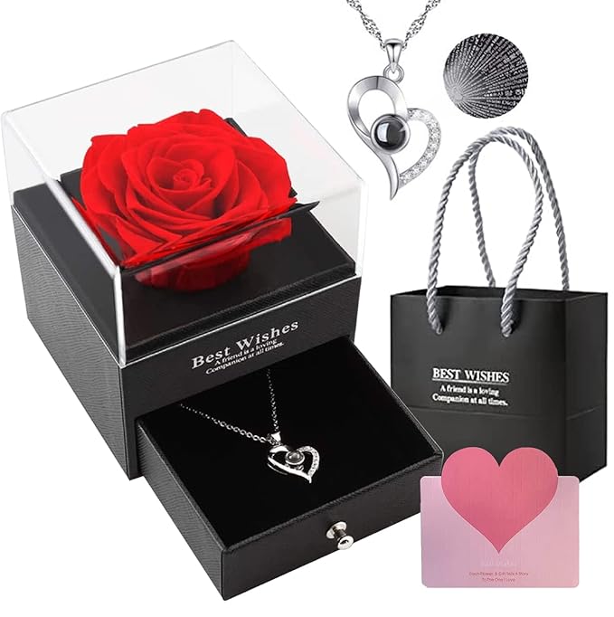 Estoremax Gifts For Girlfriend,Wife,Love-Marriage Anniversary Gift For Wife Preserved Rose Flower With Heart Necklace-Valentine Gift For Girlfriend/ Cute Birthday Gift For Wife Special Love,Adult