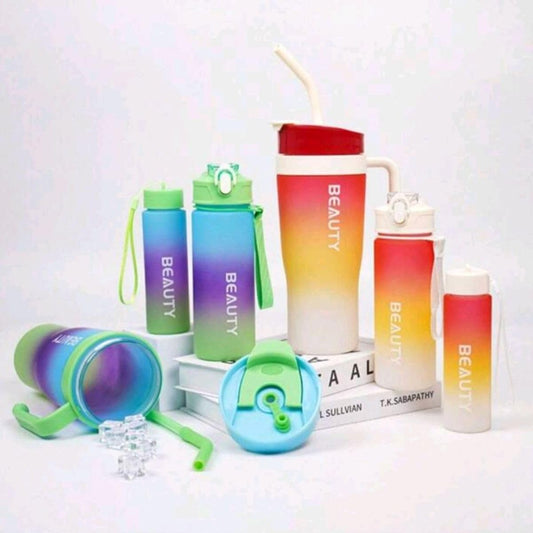 Estoremax Motivational Water Bottle Set Of (3 Pcs) Time Marker With Straw, Bpa Free Non-Toxic Sipper Bottle For Office, Sports, Gym, School - Silicone, 1200ML, 800ML, 300ML, Multicolor