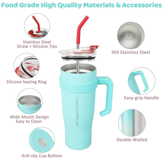 Estoremax Tumbler Water Bottle with Lid and Straw Stainless Steel Double Insulated Tumblers for Hot & Cold Drink 100% Leakproof Coffee Sipper Mug Cupholder with Handle.