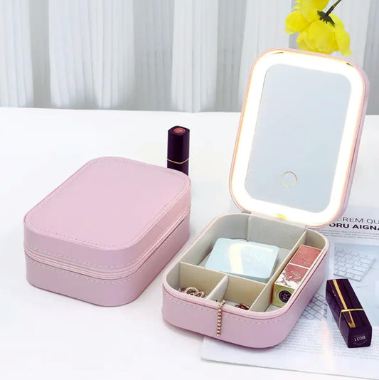 Estoremax Makeup Storage Box with LED Light Mirror- Portable Travel Makeup Cosmetics Storage Box - 16.5 * 11.5 * 3.5cm - Pink (420 Grams)