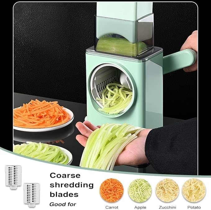 Estoremax Plastic Multifunction Rotary Cheese Grater Slicer 4 in 1 Manual Mandolin Drum Julienne Grinder Shredder for Vegetables Potatoes Nuts Salad Cutter Machine Kitchen Gadget Tools