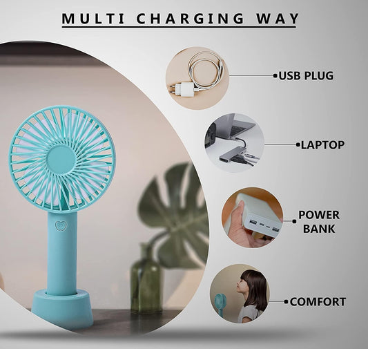 Estoremax Mini Portable USB Hand Fan, Usb Fan Portable High Speed Built-in Rechargeable Battery Operated Summer Cooling Table Fan with Stand For Home Office Indoor Outdoor Travel (Blue Color)