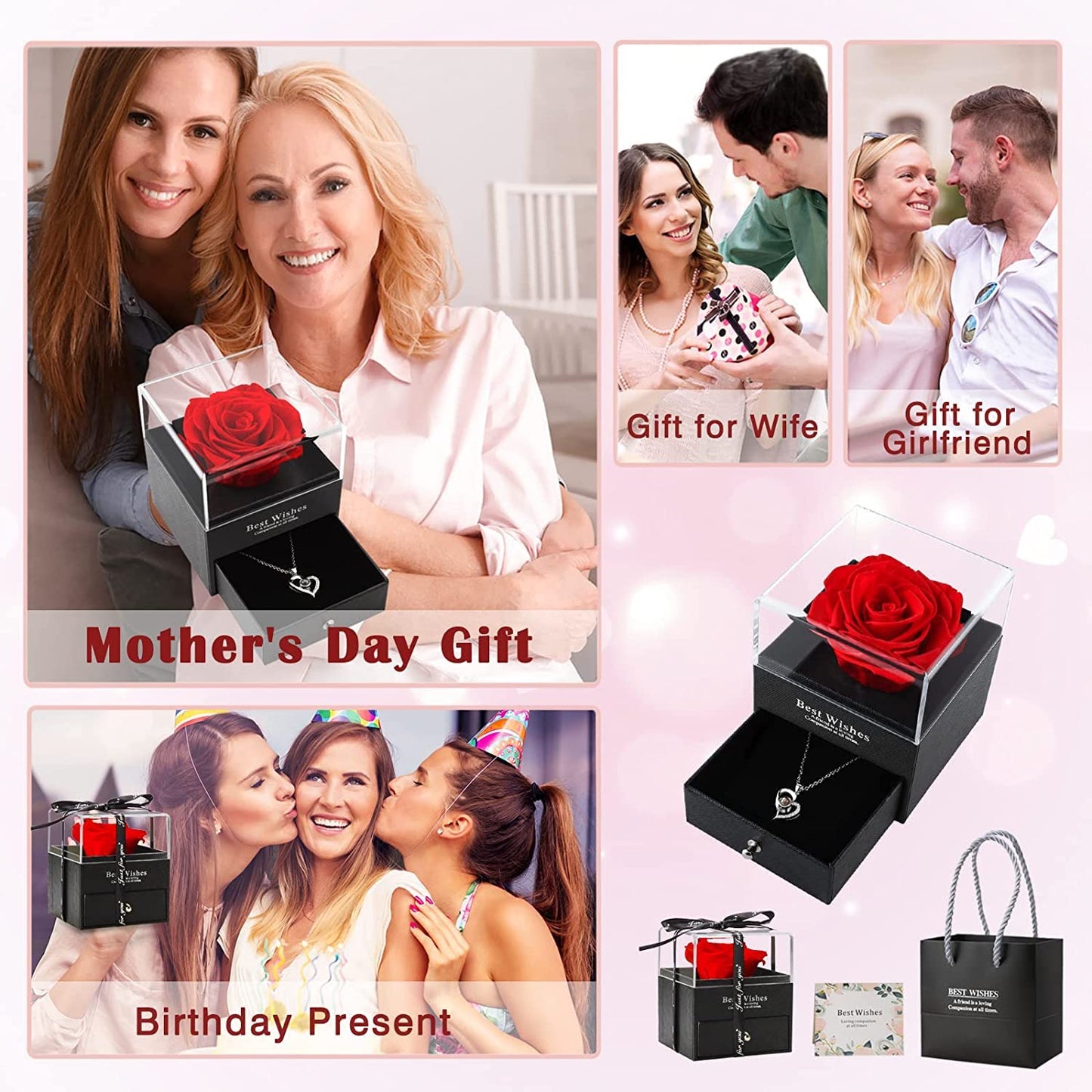 Estoremax Gifts For Girlfriend,Wife,Love-Marriage Anniversary Gift For Wife Preserved Rose Flower With Heart Necklace-Valentine Gift For Girlfriend/ Cute Birthday Gift For Wife Special Love,Adult