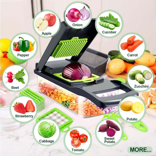 Estoremax 14 in 1 Multipurpose Chopper, Fruits & Vegetable Cutters, Grater Peeler Chipser, Unbreakable Food Grade Body, Chopper for Kitchen (Green Chopper-14 in 1)