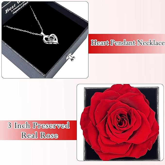 Estoremax Gifts For Girlfriend,Wife,Love-Marriage Anniversary Gift For Wife Preserved Rose Flower With Heart Necklace-Valentine Gift For Girlfriend/ Cute Birthday Gift For Wife Special Love,Adult