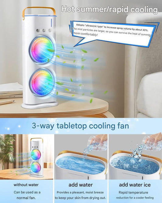 Estoremax 4000mAh Double Ended Spray Fan, Cold Air Fan, 2025 New 3 Gears USB Rechargeable Oscillating fan with LED Light Cooler Fan, Touch & Remote Control, Ice Filling Fan (White)