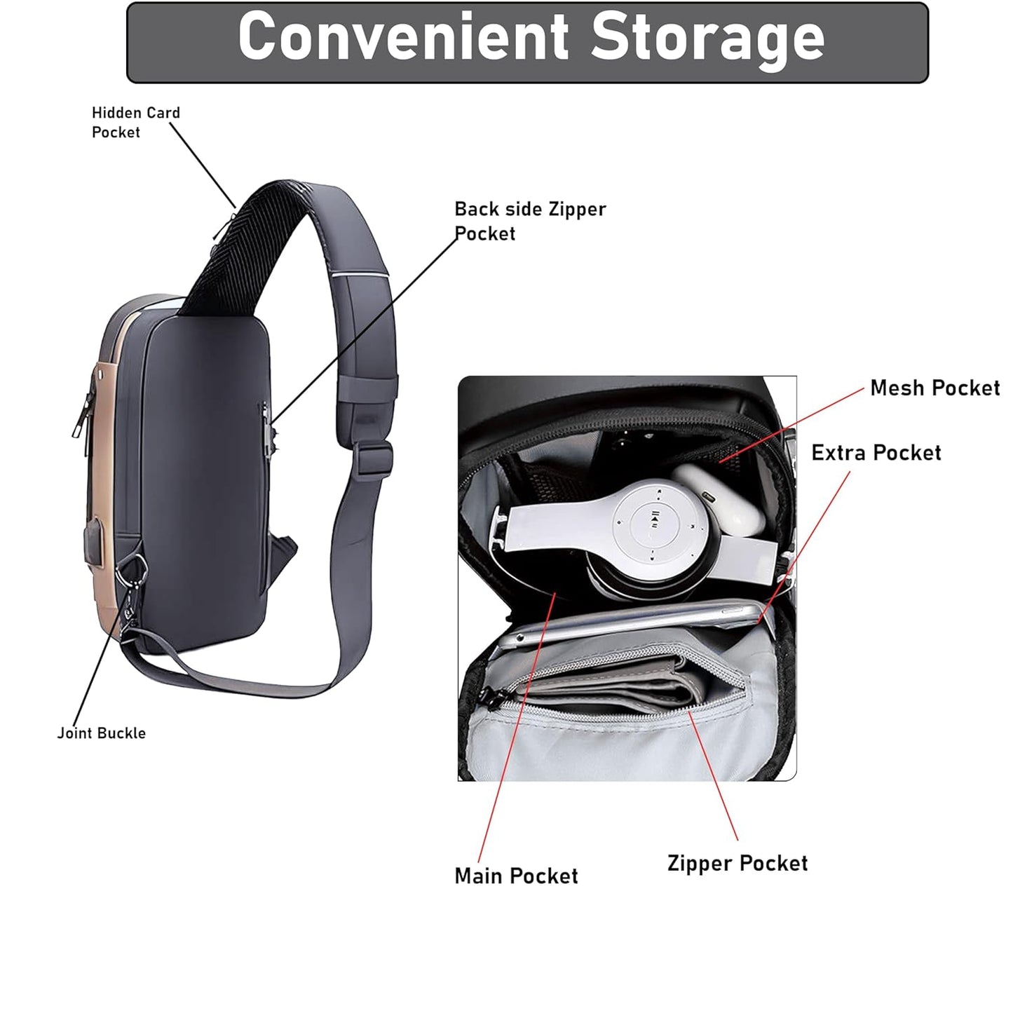 ESTOREMAX Waterproof Polyester Slim Unisex Crossbody Sling Bag Chest Backpack Mens Shoulder Bag Leisure Travel Handbag Hard Shell Anti-Theft Chest Bag (All Sling Bag)