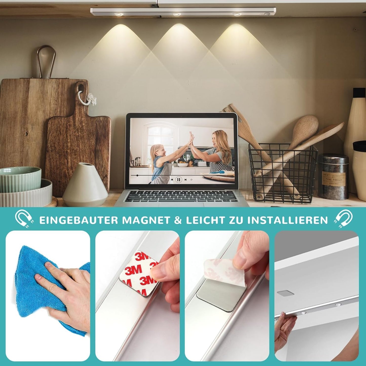 Estoremax Motion Sensor Cabinet Mood Light,45Cm Wireless Closet Light, 1500Mah Rechargeable Dimmable Led Light Bar with 3 Light Colors,Magnetic Install (1800K-6500K) - Aluminium,White(Pack of 1)