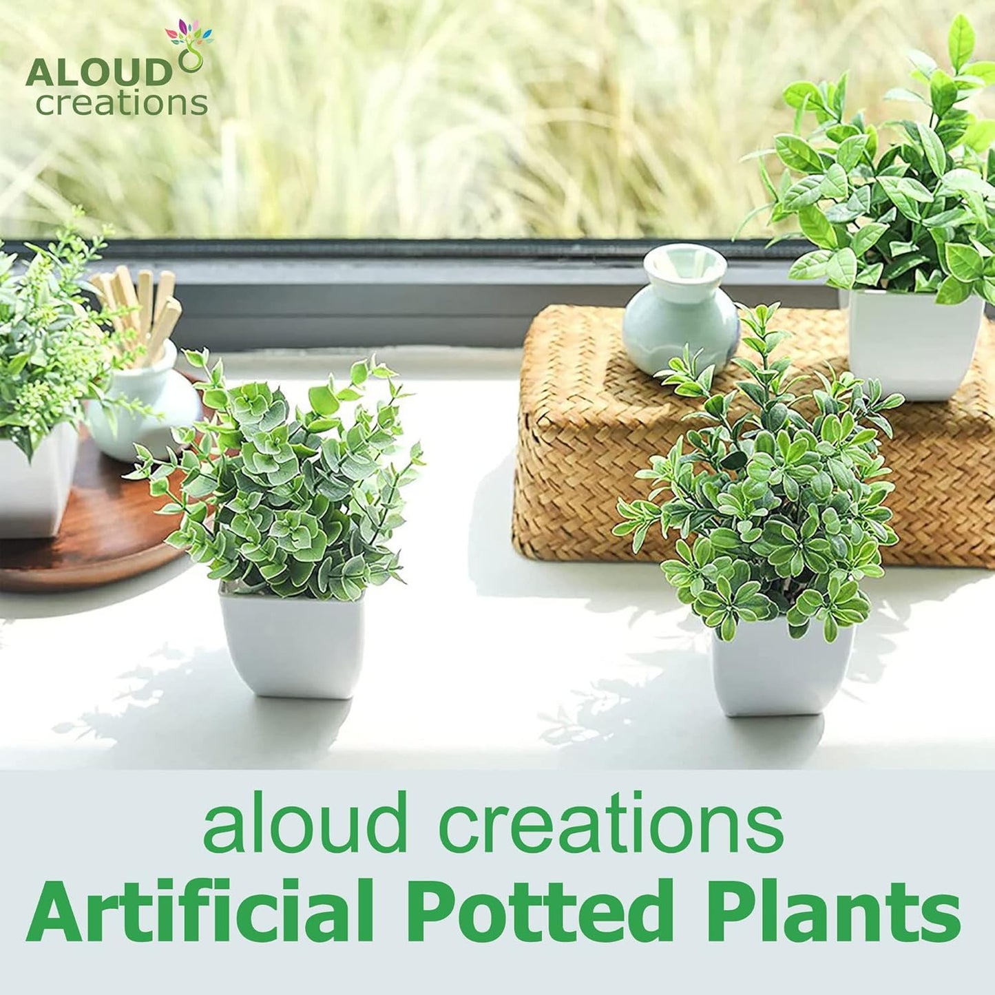 ESTOREMAX Plastic Mini Artificial Plants For Home Decor | 12 Pack Fake Plants | Artificial Plants With Pot | Indoor Plants For Living Room Artificial | Office Decor | Set Of 12, White, Green