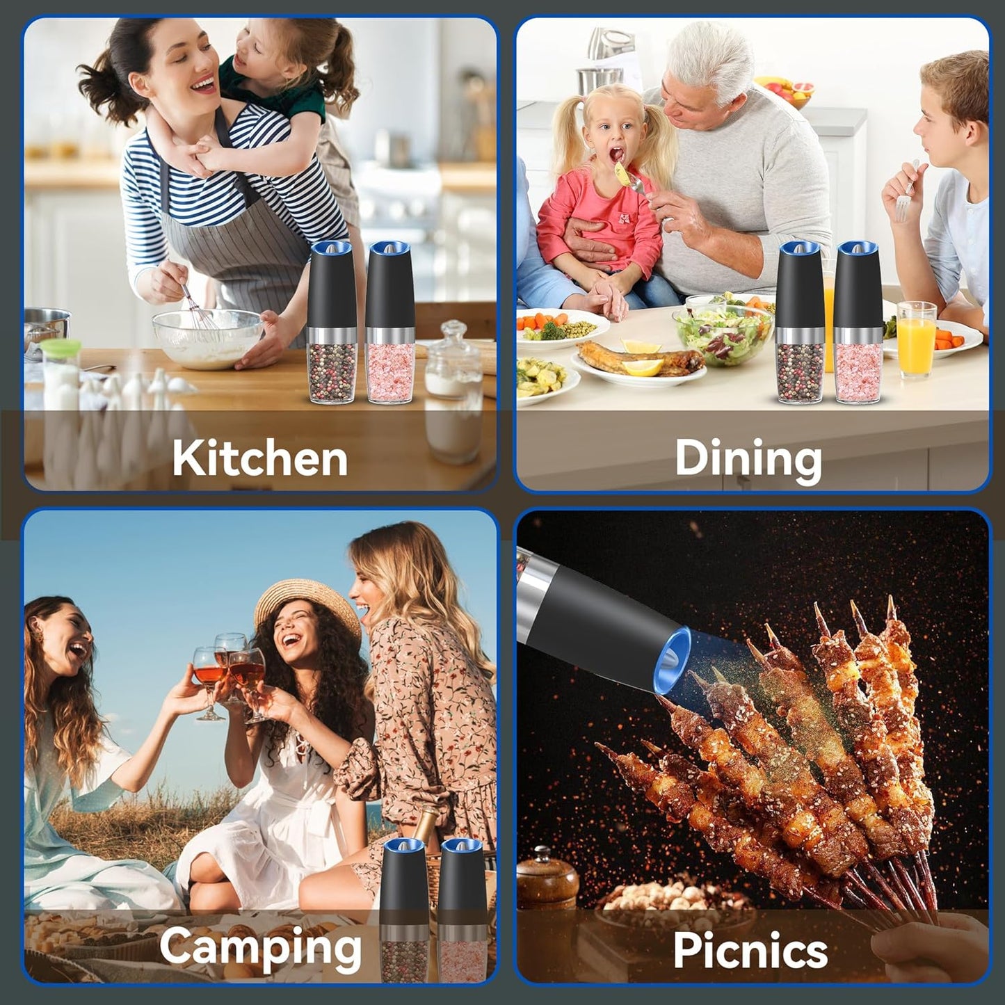 Estoremax Gravity Electric Salt and Pepper Grinder set of 2, Automatic Salt And Pepper Grinder Set, Adjustable Roughness, Battery Powered, LED Light,