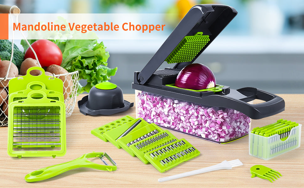 Estoremax 14 in 1 Multipurpose Chopper, Fruits & Vegetable Cutters, Grater Peeler Chipser, Unbreakable Food Grade Body, Chopper for Kitchen (Green Chopper-14 in 1)