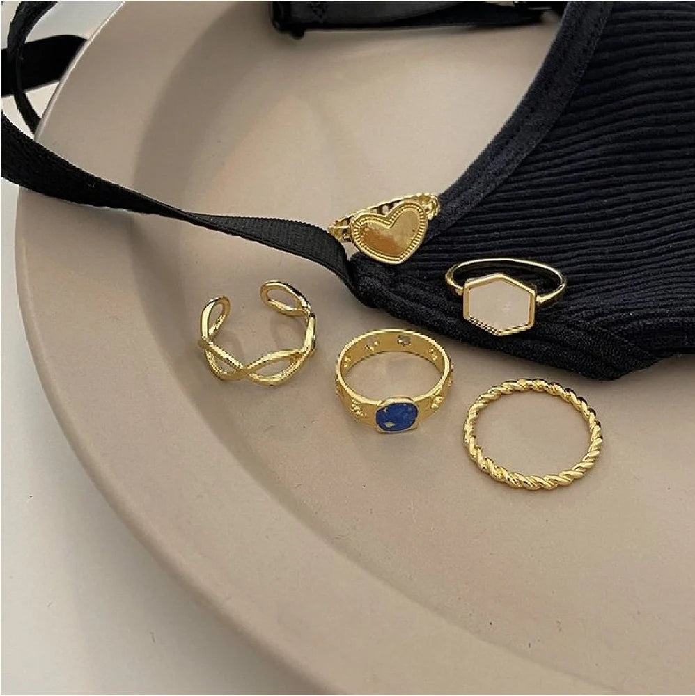 New Creative Simple Jewelry Drip Oil Heart Shape Hexagon Alloy Ring 5-Piece Set