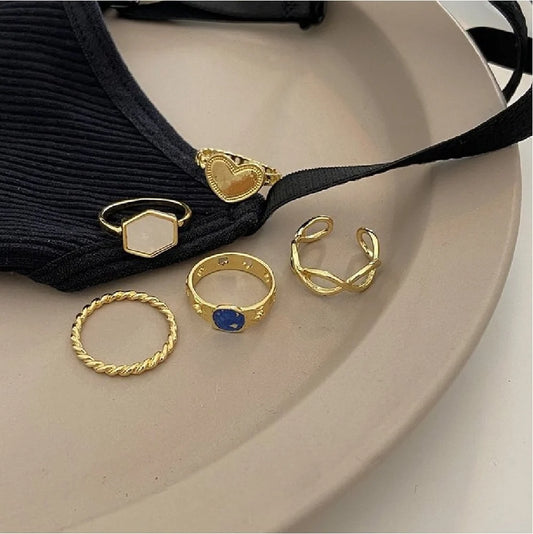 New Creative Simple Jewelry Drip Oil Heart Shape Hexagon Alloy Ring 5-Piece Set