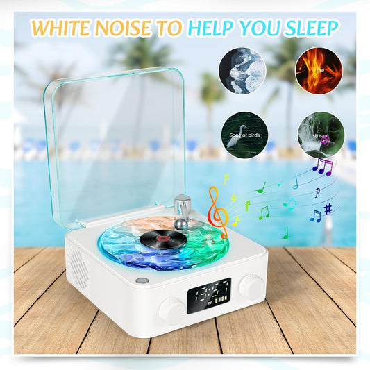 Estoremax Retro-Style Wireless Waves Vinyl Bluetooth Speaker, Aqua Vinyl Speaker, The Waves Vinyl Player with Ambience Light and Clock for Bedroom, Office, Party, White